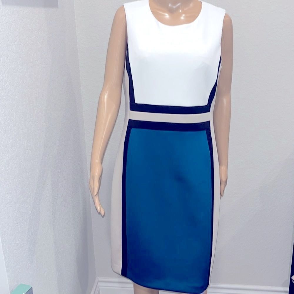 Nwt Calvin Klein slimming design color block dress. 91% poly, 9% spandex. Lined